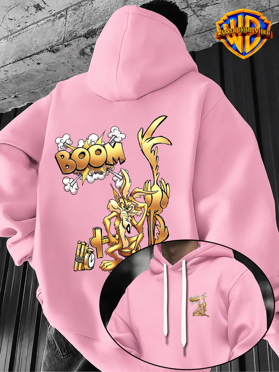 Warner Bros Official 1pc, Vintage Monochrome Gilded Original Art BOOM Exploding Crooked Heart Wolf Cartoon Streetwear Hoodie - Men's Fashion Hoodie, Double-Sided Front and Back Print, Adjustable Drawstring Loose and Comfortable Sweatshirt - Pink