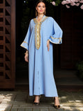Color Block Hooded Modest Dress, Elegant Split Front Long Sleeve Maxi Dress, Women's Clothing - Sky Blue