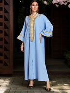 Color Block Hooded Modest Dress, Elegant Split Front Long Sleeve Maxi Dress, Women's Clothing - Sky Blue