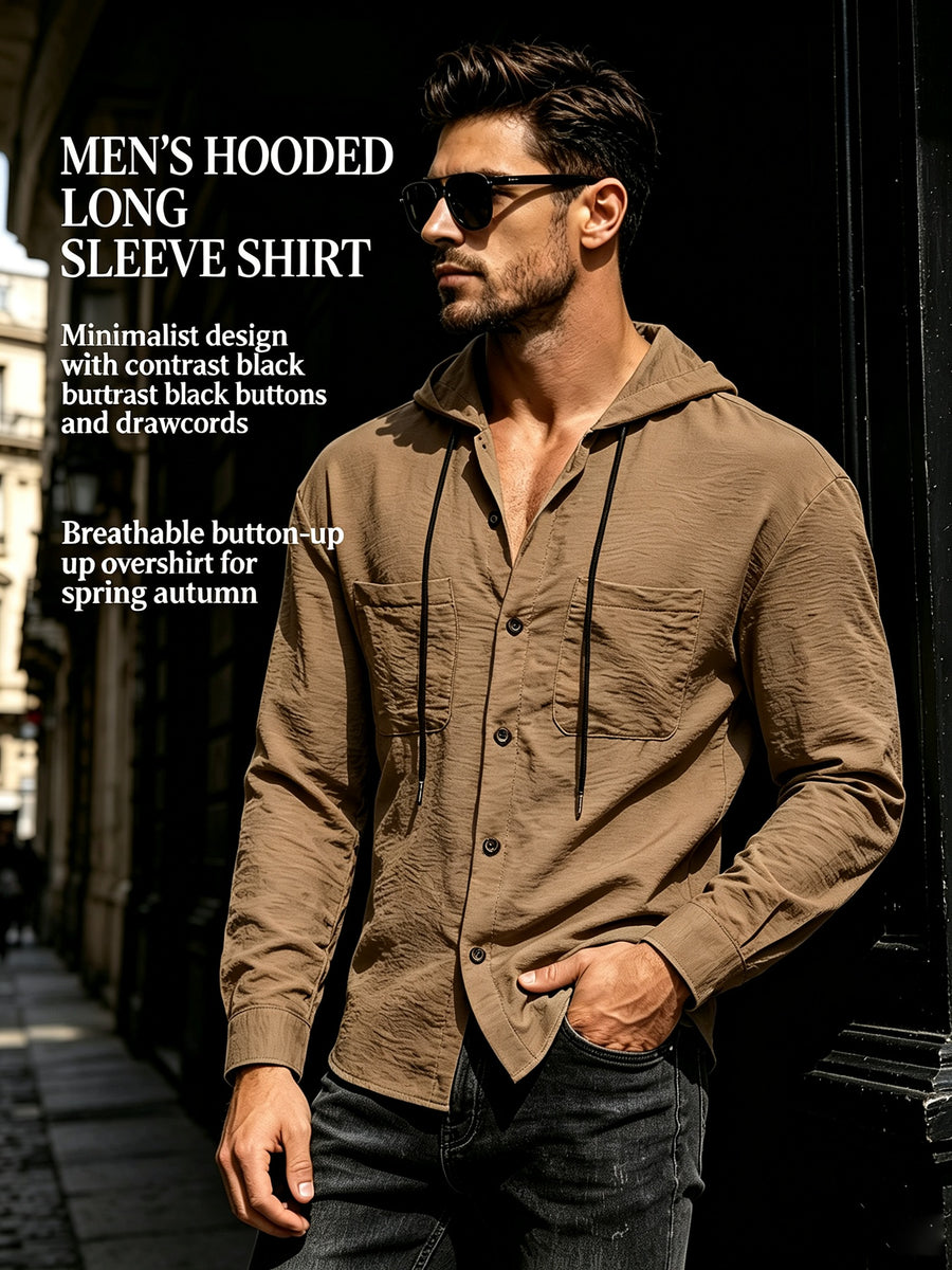 Men's Hooded Long-sleeve Shirt with a Unique Drawstring Hood Design, Breathable Fabric, and a Loose, Comfortable Fit, a Simple and Versatile Top for Casual Attire - Brown