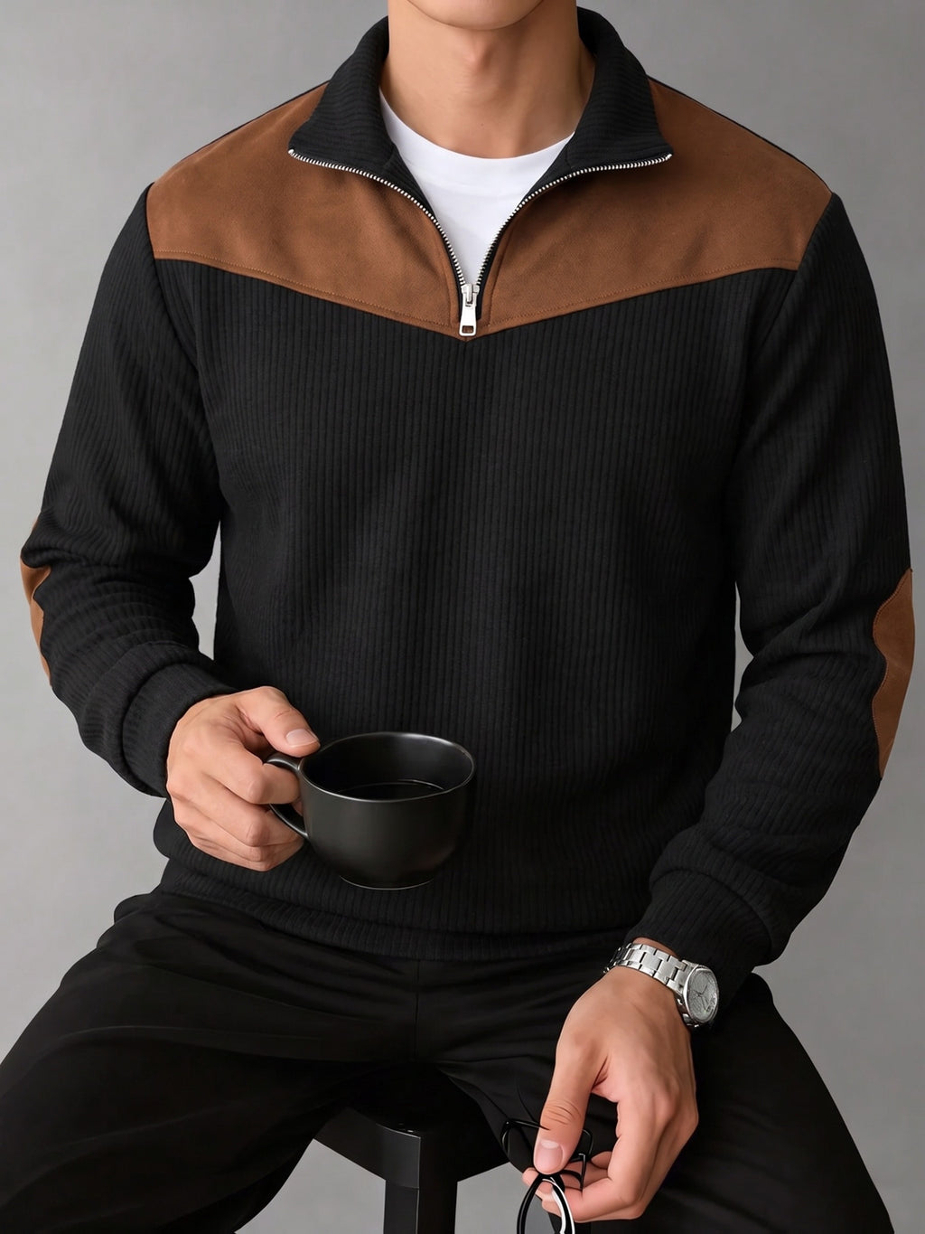 1pc Men'S Thick Plaid Long Sleeve T-Shirt Sweater | Premium Plaid Texture Jacquard Knit Thick Fabric | V-Neck Design | Loose Comfortable Fit | Essential Street Outdoor Casual Wear | Breathable Warm And Skin-Friendly | Indoor Gatherings And Outdoor S - Black