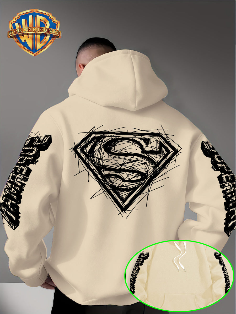 Warner Bros Official Superman Logo Print Men's Trendy Hooded Sweatshirt, Featuring Sleeve Print Design, Kangaroo Pocket, and Drawstring Hood, Suitable for Daily Wear in Autumn and Winter as Well as Outdoor Sports - a Must-have Item for Trend - Apricot