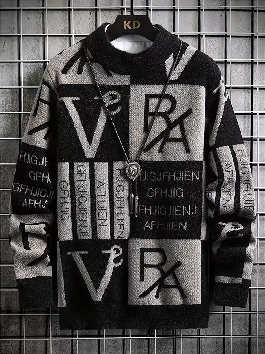 [Maiqiqi Obm]New Autumn And Winter Men'S Knitted Pullover, Round Neck Letter Patchwork Knit Sweater, Featuring a Unique Combination of Letters And Text Elements, Creating a Distinct Street Fashion Vibe And a Casual Stylish Atmosphere - Grey
