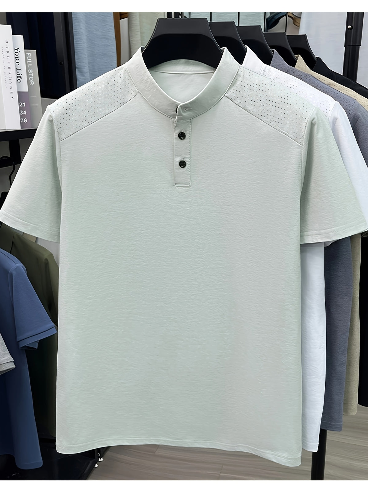 1 Men's Stand Collar Short Sleeve Polo Shirt, Suitable for Business Commutes and Daily Outings, Breathable, Moisture-Wicking, Loose Fit, Slimming, Casual Top, Basic T-Shirt for Middle-Aged and Younger Mature Men, Popular in Europe and America - Water Orchid