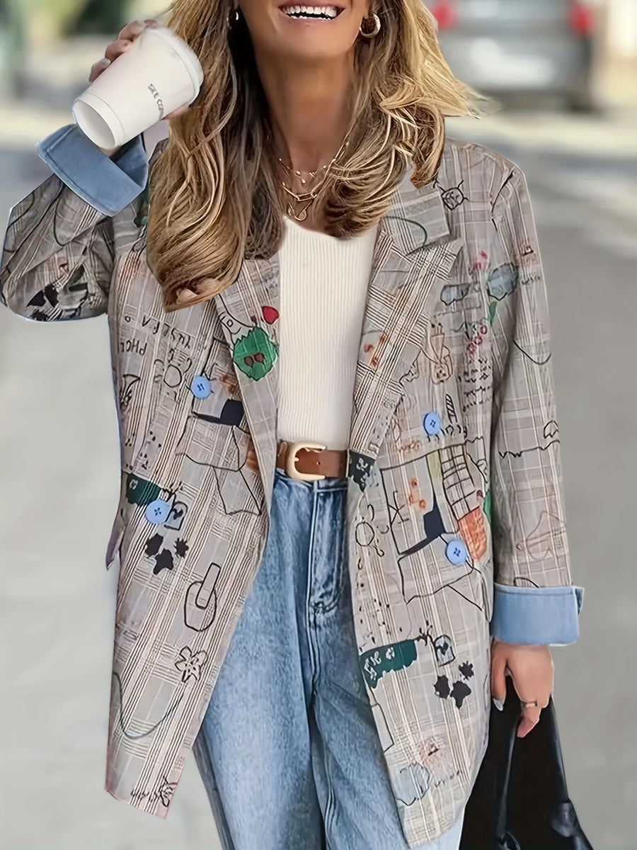 Fashionable Commuting Elegant Long-Sleeve Blazer with Patchwork And Graffiti Print on The Cuffs - Multicolor