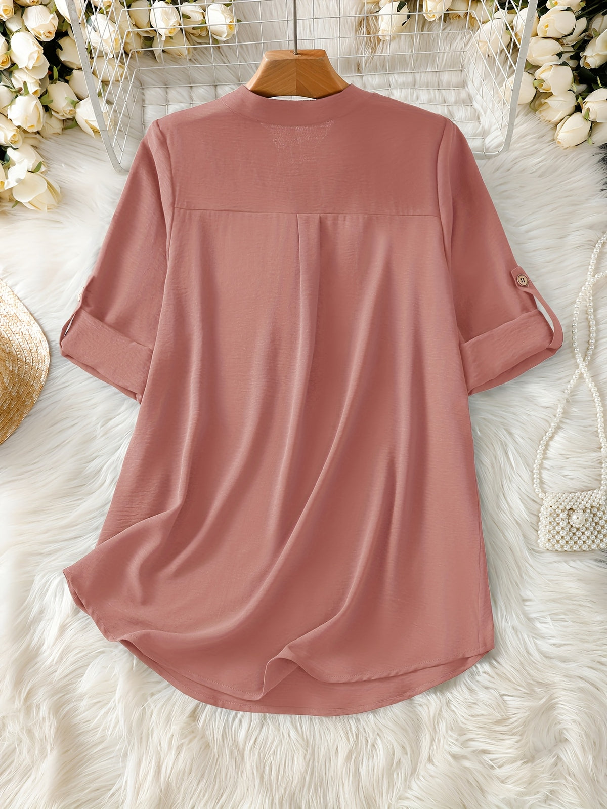 Elegant Women's Simple Casual Daily Short-Sleeve Solid Color Shirt, Spring/Summer Fashion Casual Outing Shirt, BK0608018 - Pink