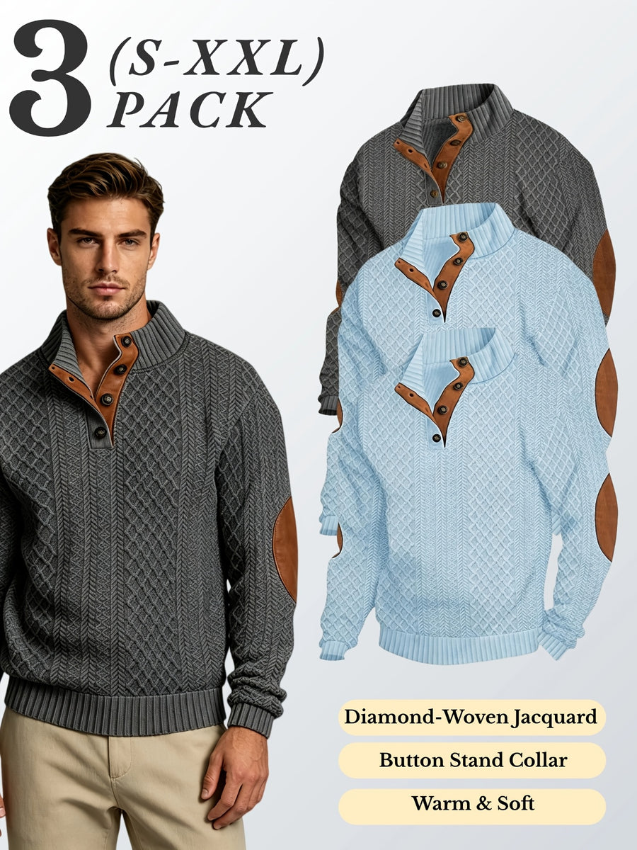 3pcs Men'S Textured Jacquard Knit Sweater Retro Casual Button-Up Stand Collar Long Sleeve Top for Autumn Winter Outing Home Versatile Basic Solid Color - Sky Blue 2 + Dark Gray