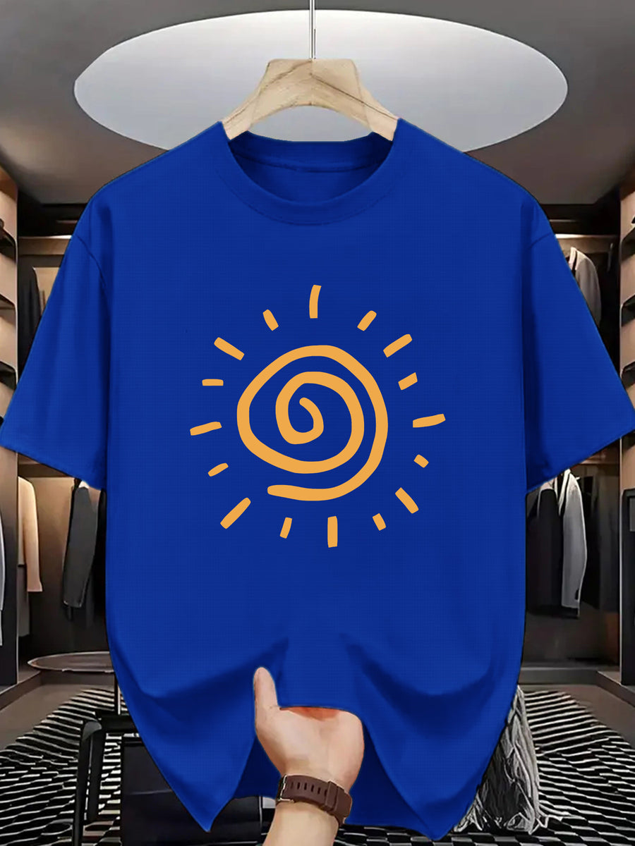 Sunny Energetic Orange Spiral Pattern Short Sleeve T-Shirt, Fresh And Fashionable, Suitable for Outdoor Activities And Daily Wear - Blue