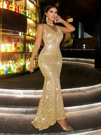 New Fashionable Women's Spring/Summer High-End Sequin Off-Shoulder Backless Waist-Cinching Mermaid Long Dress, Evening Gown for Prom, Party, Slim-Fit, Gorgeous, Elegant, and Graceful Dress, Wedding Guest Attire, Prom Evening Gown, Music Festival - Golden