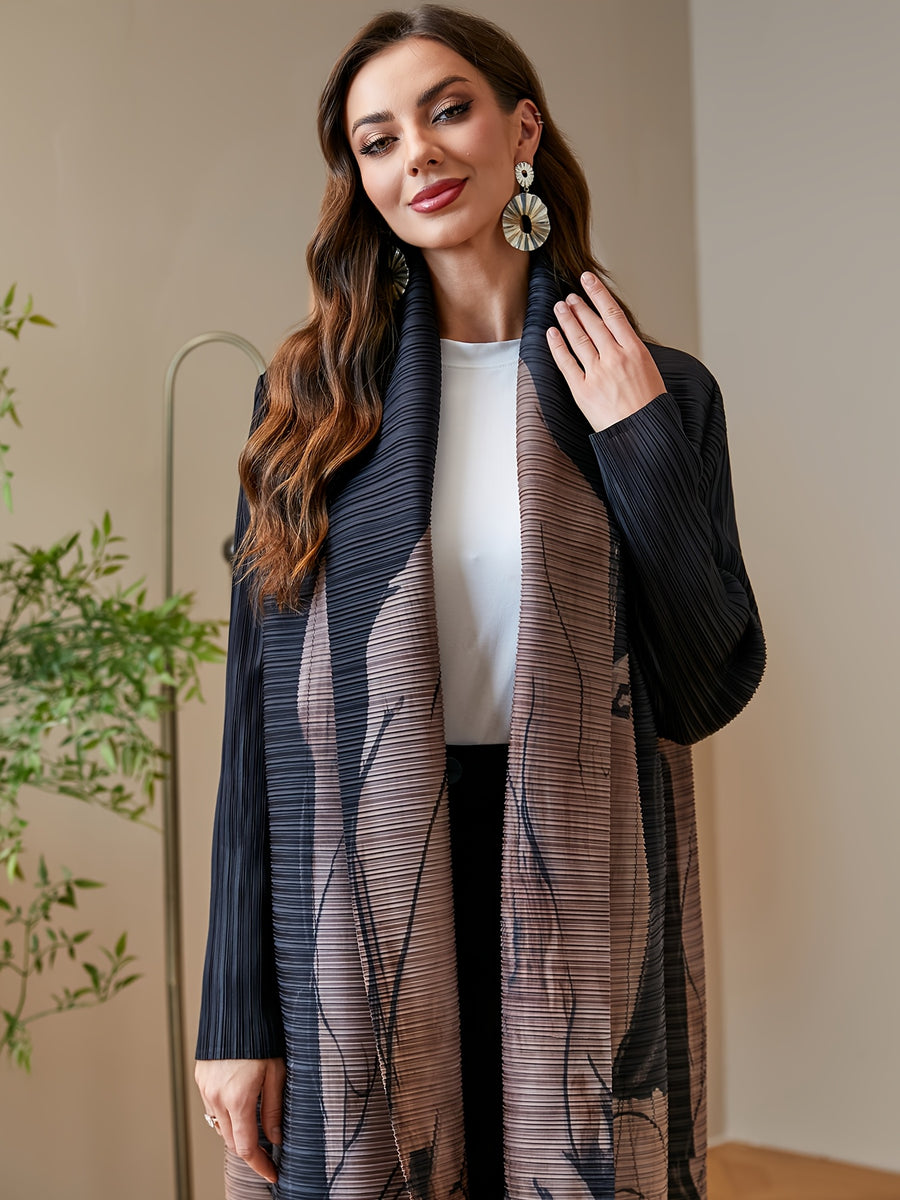 Women'S Modest Black Floral Print Pleated Abaya Open Front Long Cardigan with Belt Dubai Arab Kimono Duster Coat High Quality Plisse Loose Robe Outerwear Banquet Party Evening Wear - Black