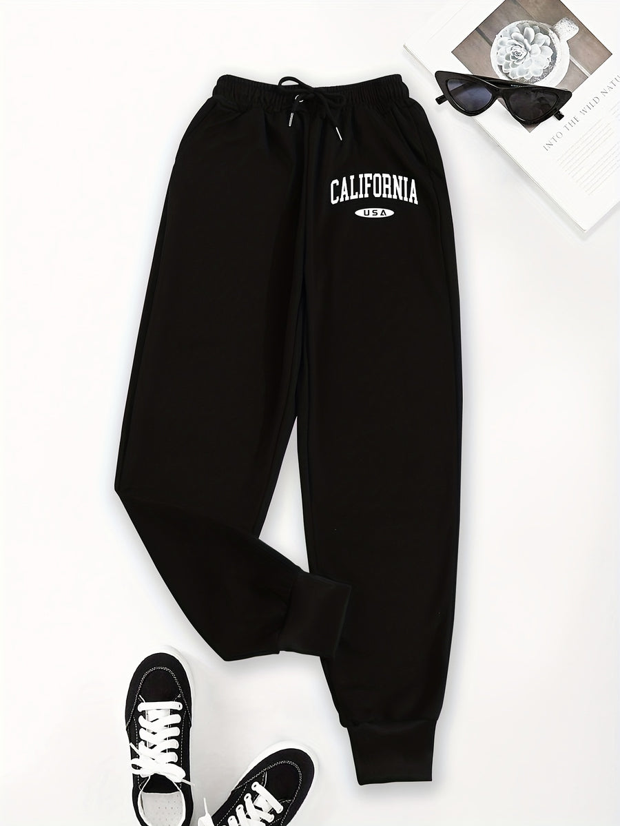 Casual Trousers with a Graphic Design, Featuring an Elastic Waistband, Suitable for Women - Black