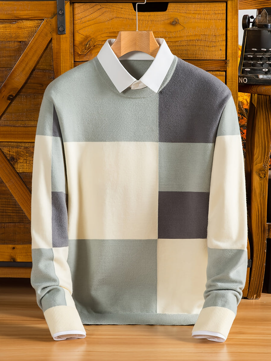Men's Color-Blocked Checkered 2-in-1 Look Crewneck Knit Sweater, Eliminating the Need for an Inner Shirt, Creating a Visually Layered Look with a Light Business Vibe - SINBOS - Green
