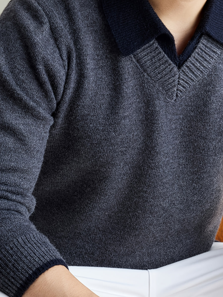 Men'S Thickened V-Neck Pullover Long Sleeve Faux Vest Knit Sweater, Autumn/Winter Style, Light Mature Business Casual - Medium Gray