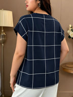 Large Plaid V-Neck Batwing Sleeve Short-Sleeved Chiffon Shirt, Minimalist Commuter Style Shirt, Versatile Temperament Top, Minimalist Commuter Style, French Relaxed Style - Blue Grid