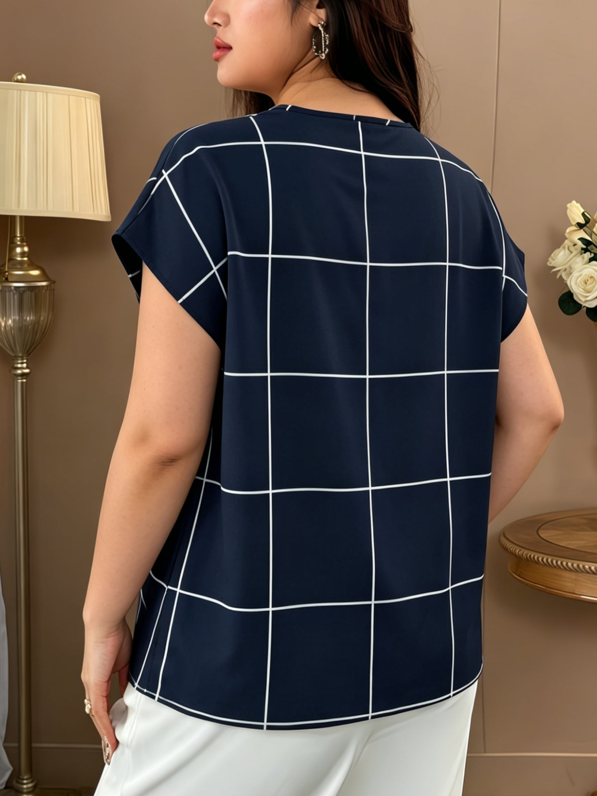 Large Plaid V-Neck Batwing Sleeve Short-Sleeved Chiffon Shirt, Minimalist Commuter Style Shirt, Versatile Temperament Top, Minimalist Commuter Style, French Relaxed Style - Blue Grid