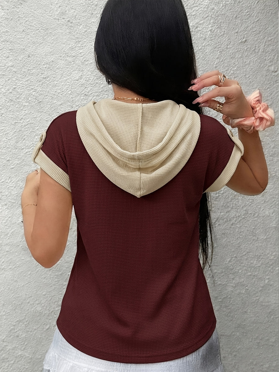 2026 New Women's Hoodie with Waffle Fabric Patchwork, Short Sleeves, Decorative Buttons, and Hood - Red Apricot