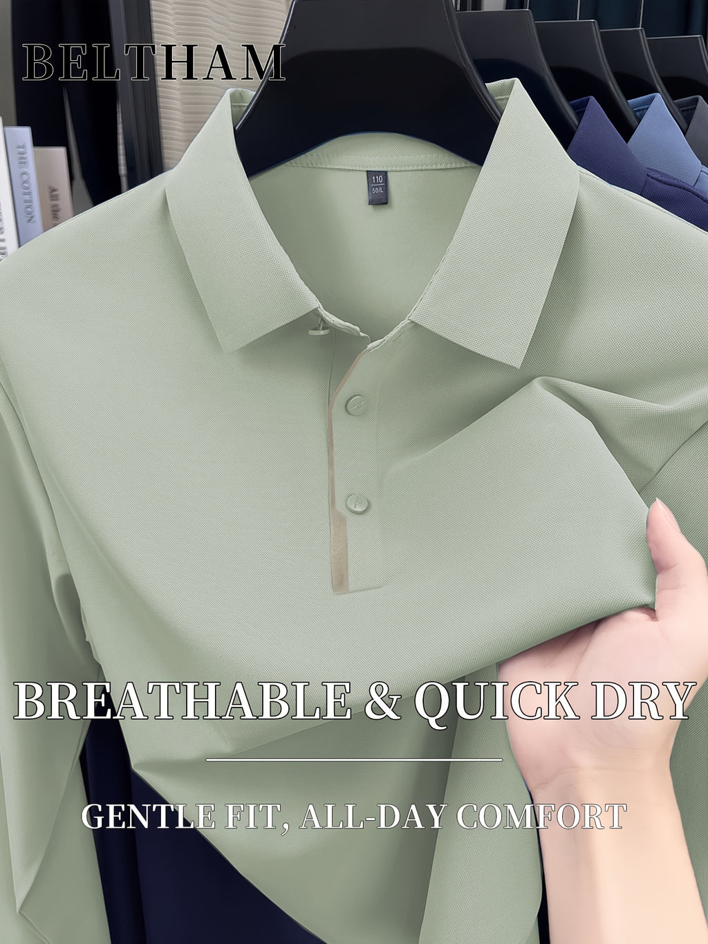 Spring Summer Autumn Men'S Long Sleeve Polo Shirt, Ice Feel Moisture Wicking Breathable Quick Dry Top, Versatile Apparel for Daily Casual Business Sports Golf Fishing Camping Outdoor Wear - Mint Green