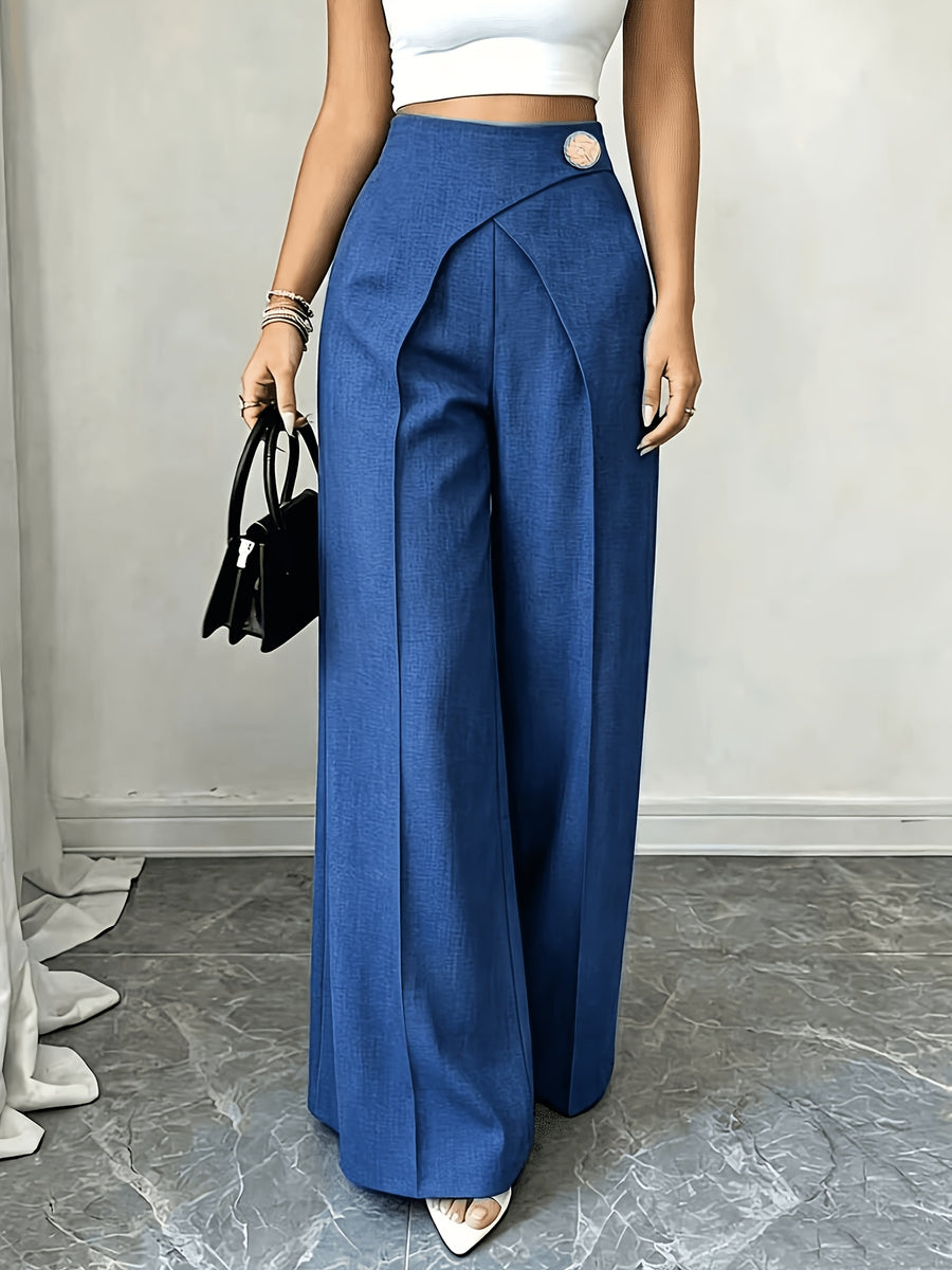[Printed Pants - Not Faux Denim Fabric]Women'S Elegant Commute Trousers, Metallic Waist Detail Design Long Pants, Faux Denim-Like Fabric ASD1 - Blue