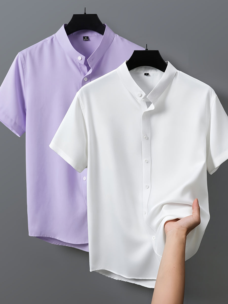 2pcs Men's Short-Sleeve Shirts, Henley/Stand-Up Collar Design, Summer Casual Outerwear - Style6
