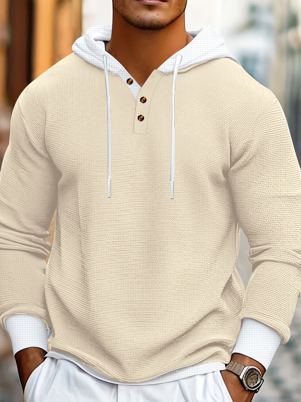 Men'S Casual Sweater Long-Sleeve Outdoor Stitching Hooded Contrast Color Half-Open Placket Design Fashionable Spring And Autumn Henry Hoodie - Khaki