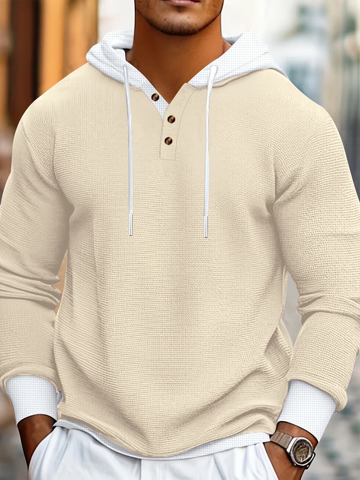 Men'S Casual Sweater Long-Sleeve Outdoor Stitching Hooded Contrast Color Half-Open Placket Design Fashionable Spring And Autumn Henry Hoodie - Khaki