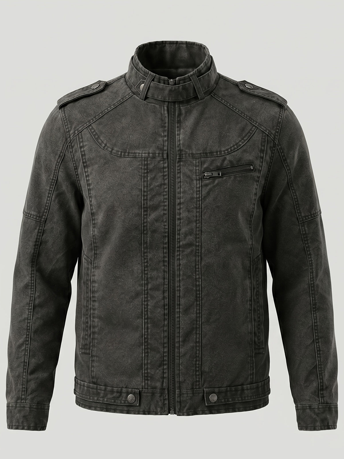 Stand Collar Epaulets Men's Washed Charcoal Jacket Outerwear Vintage Cargo Biker Style Outdoor Casual - Black