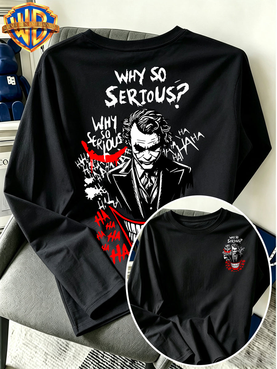 Warner Bros. Official - Men'S Pure Long Sleeve Shirt, Classic American Dark Clown Lines "Why So Serious" Print, Spring And Autumn Casual Streetwear Top, Daily Leisure Vacation Gift - Black