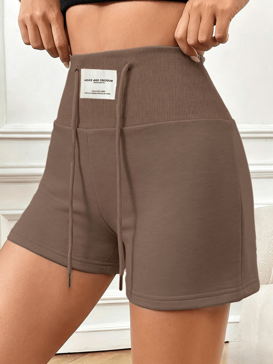 Women's Summer Casual High-Waist Contrast Ribbed Drawstring Solid Color Slim-Fit Hot Shorts for Casual Attire - 【Brown】