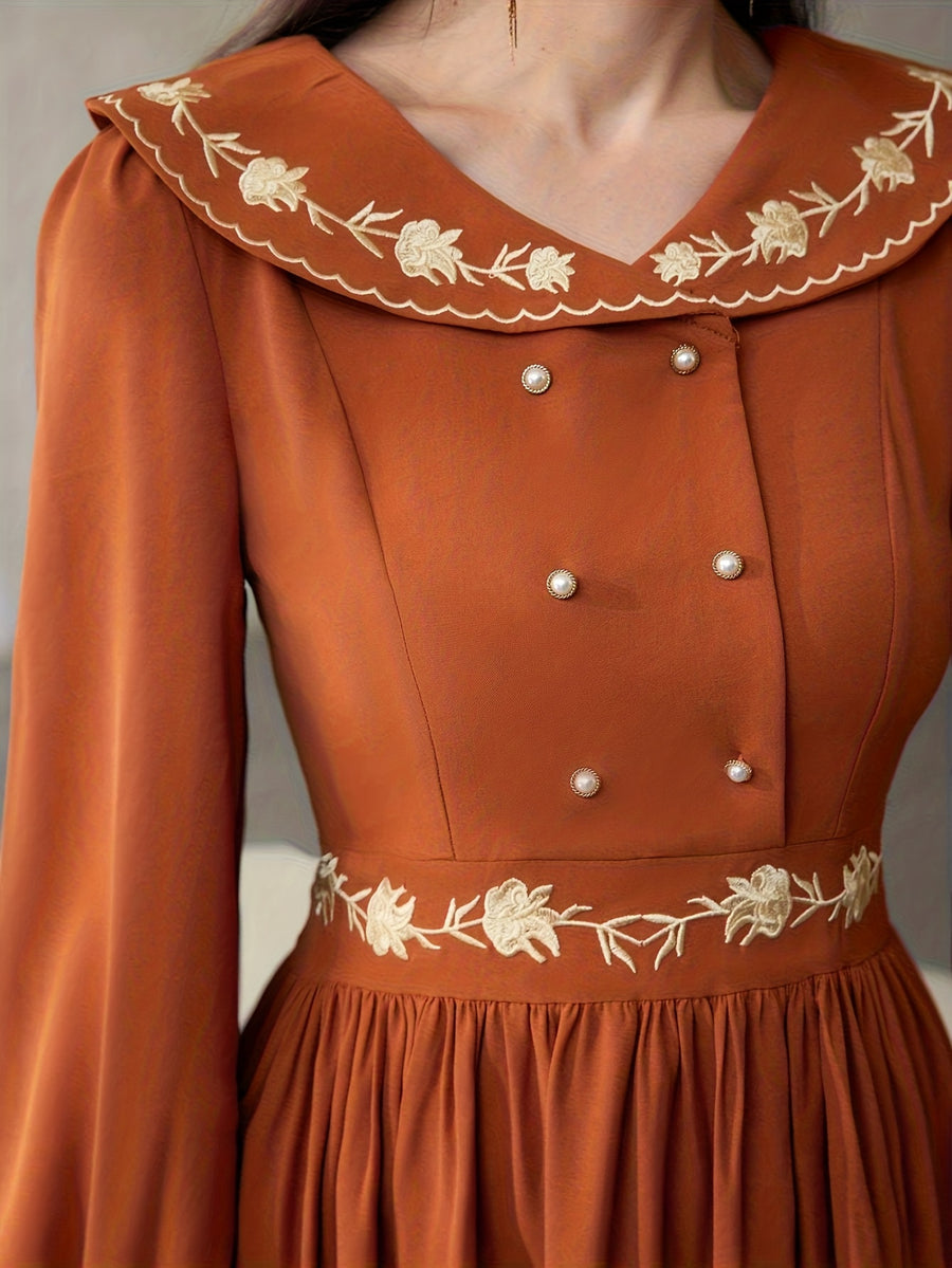 Vintage Lapel Heavy Craft Embroidered Long Sleeve Dress - Orange-Red