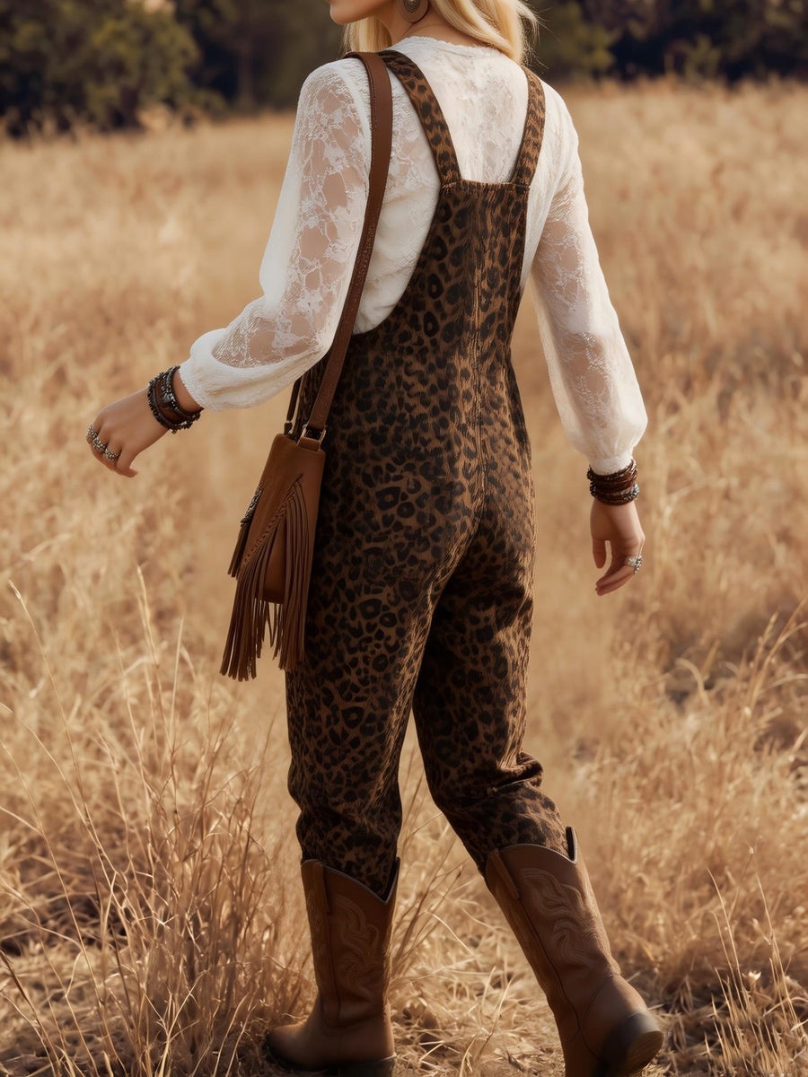 Women's Overalls, Coffee-Colored Leopard Print Overalls, Casual and Loose Fit - Coffee Color
