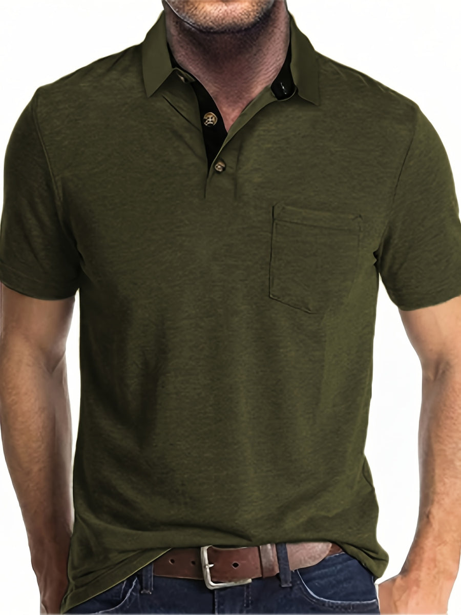 KJ-P035 Men's Daily Outdoor Casual Short-Sleeve Polo Shirt, Solid Color Henley Neck Top, Versatile T-Shirt for Fitness, Commuting, and Multiple Scenarios - fern green