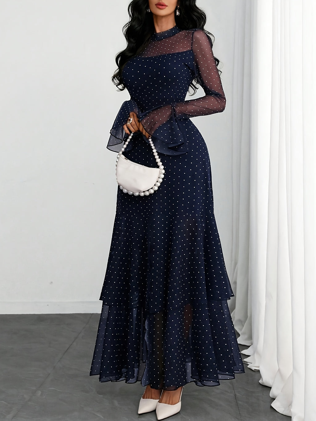 Women'S Romantic Sexy Elegant Modern Polka Dot Printed Stand Collar, Waist Double Slit Multi-Layered Skirt Dress, Suitable for Dates, Vacations, And Casual Wear, Belt Not Included - Navy Color