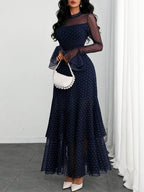 Women'S Romantic Sexy Elegant Modern Polka Dot Printed Stand Collar, Waist Double Slit Multi-Layered Skirt Dress, Suitable for Dates, Vacations, And Casual Wear, Belt Not Included - Navy Color