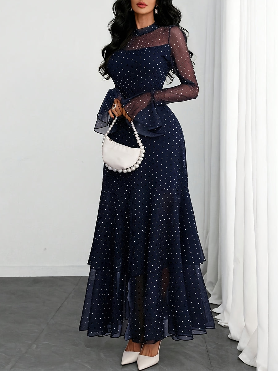 Women'S Romantic Sexy Elegant Modern Polka Dot Printed Stand Collar, Waist Double Slit Multi-Layered Skirt Dress, Suitable for Dates, Vacations, And Casual Wear, Belt Not Included - Navy Color