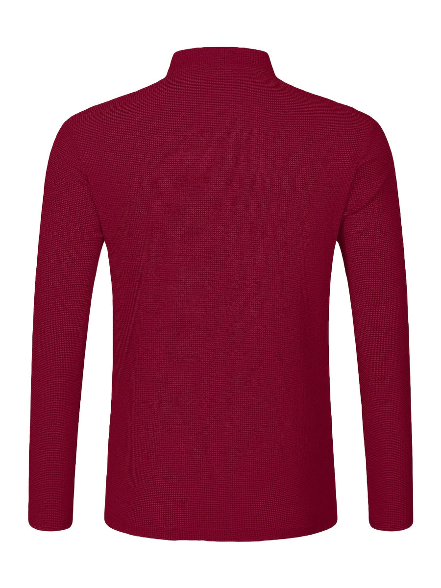 Maqiqi OBM Men's Fashion Waffle Knit Long Sleeve Henley Shirt, Stand Collar Button-Up Top with Chest Pocket and Positioned Printed LOGO, Casual Regular Fit Solid Color Spring/Autumn Daily Top - Burgundy