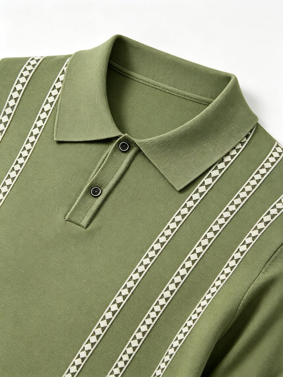 Luxury Fine Vertical Jacquard Pattern Collared Knit Polo for Men, Breathable Soft Short Sleeve Slim Blouse, Comfort Casual Top for Daily Street Weekend Hangout - Green