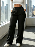 Women'S Straight-Leg Wide-Leg Work Pants, High-Waisted Stretch Double-Button Long Trousers, Business Casual Pants with Pockets - Black