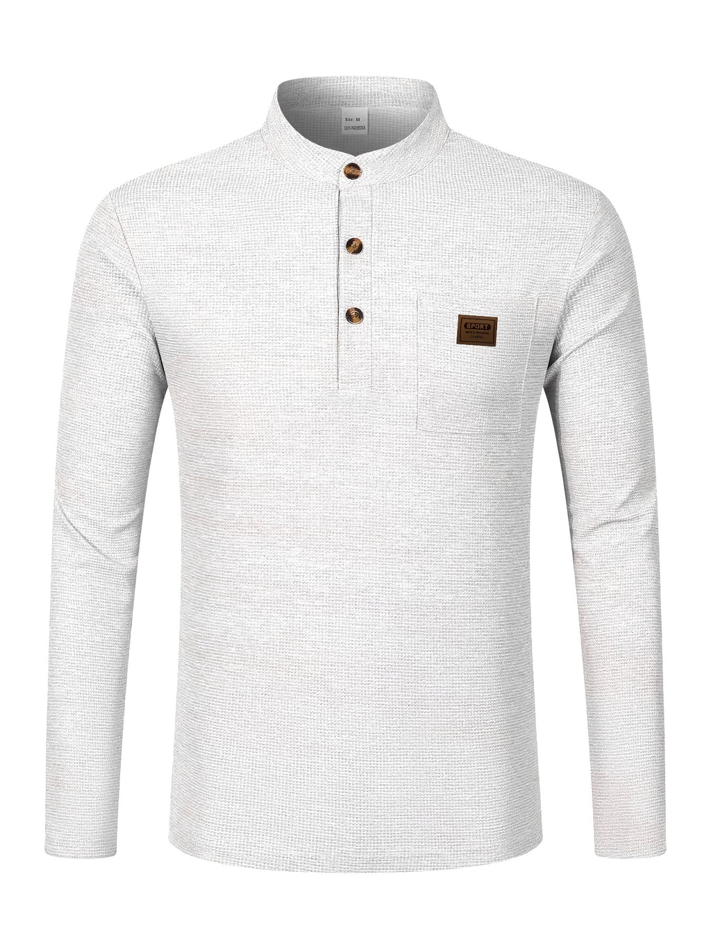 Josh Mei Selection: 2026 New Men's Stand Collar Waffle Texture Long Sleeve Shirt, Three-Button Half Open Lapel with Pocket, Lightweight and Comfortable Basic Top for Daily Outings - White