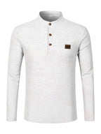 Josh Mei Selection: 2026 New Men's Stand Collar Waffle Texture Long Sleeve Shirt, Three-Button Half Open Lapel with Pocket, Lightweight and Comfortable Basic Top for Daily Outings - White