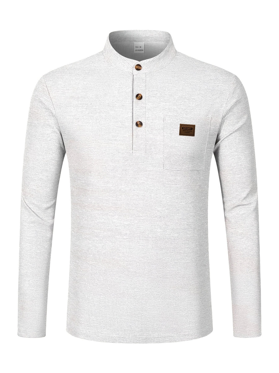 Josh Mei Selection: 2026 New Men's Stand Collar Waffle Texture Long Sleeve Shirt, Three-Button Half Open Lapel with Pocket, Lightweight and Comfortable Basic Top for Daily Outings - White