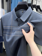 New Spring/Summer Men's Polo Shirt, Striped Contrast Color Half-Placket Single-Breasted Lapel Short-Sleeve T-Shirt, Men's Business Casual Fashionable Breathable Versatile Pullover Base Layer Top with Chest Pocket, Suitable for Spring and Summer - Fog Blue