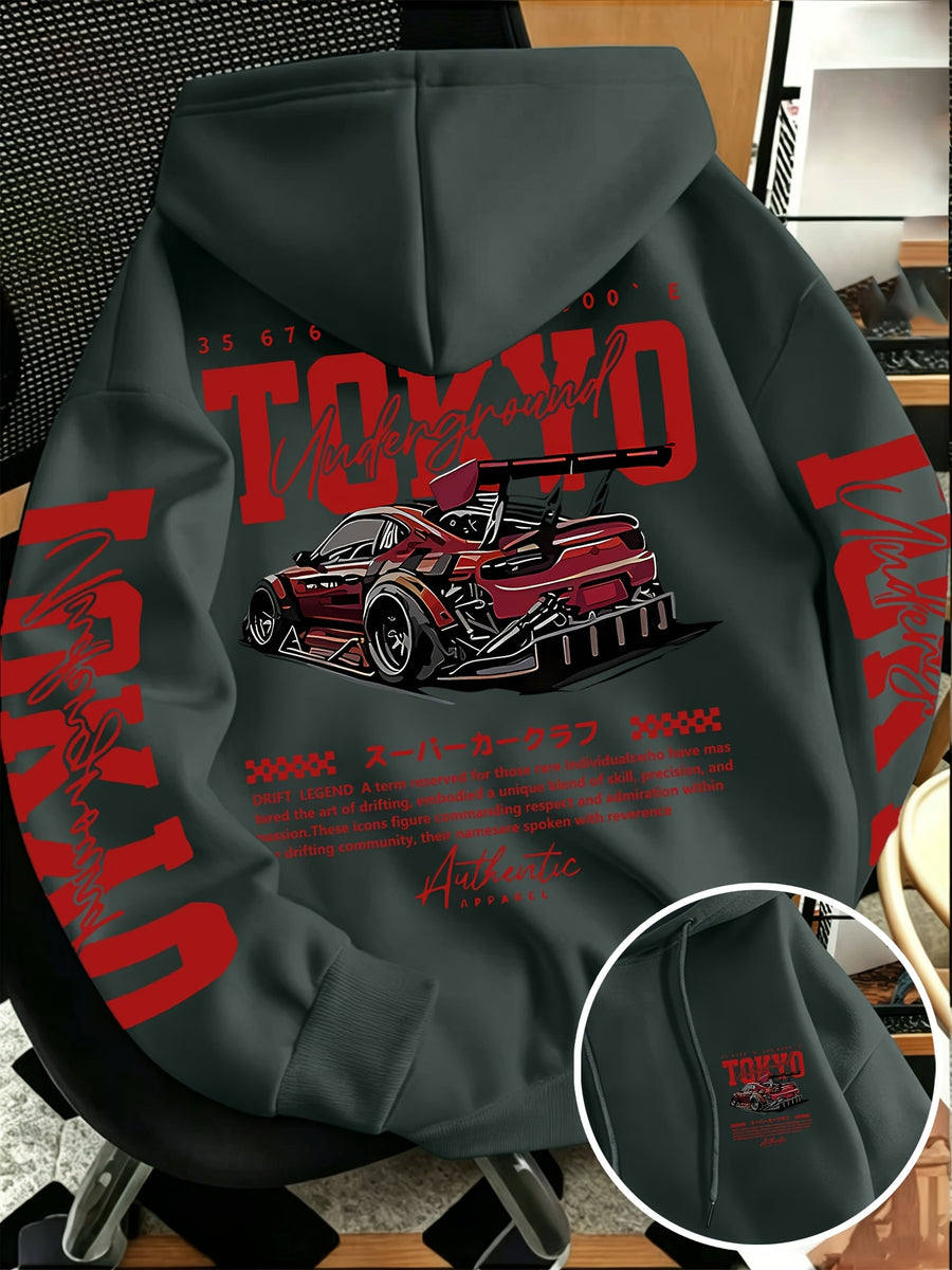 New Autumn/Winter Men's Tokyo Underground Racing Print Hooded Sweatshirt, American Street Style Motorcycle Top - Gray Green