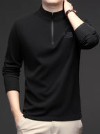 Men'S 1/4 Zip Long Sleeve Sweatshirt, Spring/Autumn Business Casual Golf Top, Half-Zip Collar High Neck Long Sleeve T-Shirt, Soft Comfortable Casual Sportswear, Outdoor Spring/Autumn Warm Clothing, Logo on Chest, Mature Men'S Apparel - Black