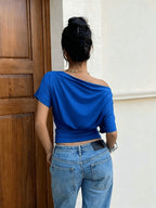 Gauze Off-Shoulder Short-Sleeve Top, Open-Shoulder One-Piece T-Shirt - Blue