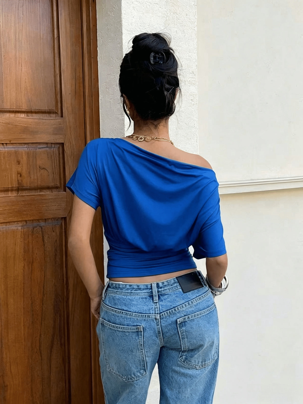 Gauze Off-Shoulder Short-Sleeve Top, Open-Shoulder One-Piece T-Shirt - Blue
