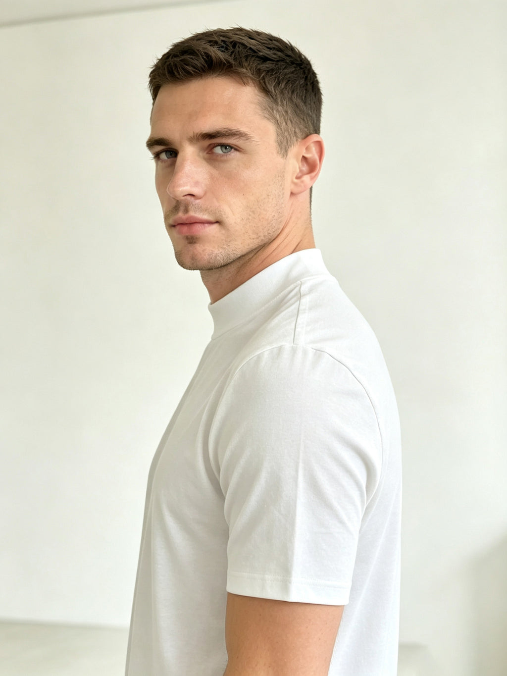 Men'S Solid Mock Neck Short Sleeve T-Shirt, Slim Fit Smooth Stretch Basic Tee, 95 Polyester 5 Spandex Breathable Fitted Mock Tshirt, Casual Daily Layering Top, Soft Wrinkle Resistant Short Sleeve Mock Neck Shirts for Men Workout Business Street - White 2-pack
