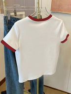 Women's Y2K Color Block Summer Short Sleeve T-Shirt - Breathable Round Neck Casual Top, Loose Fit with Red Heart Print Design for Daily Wear - Red