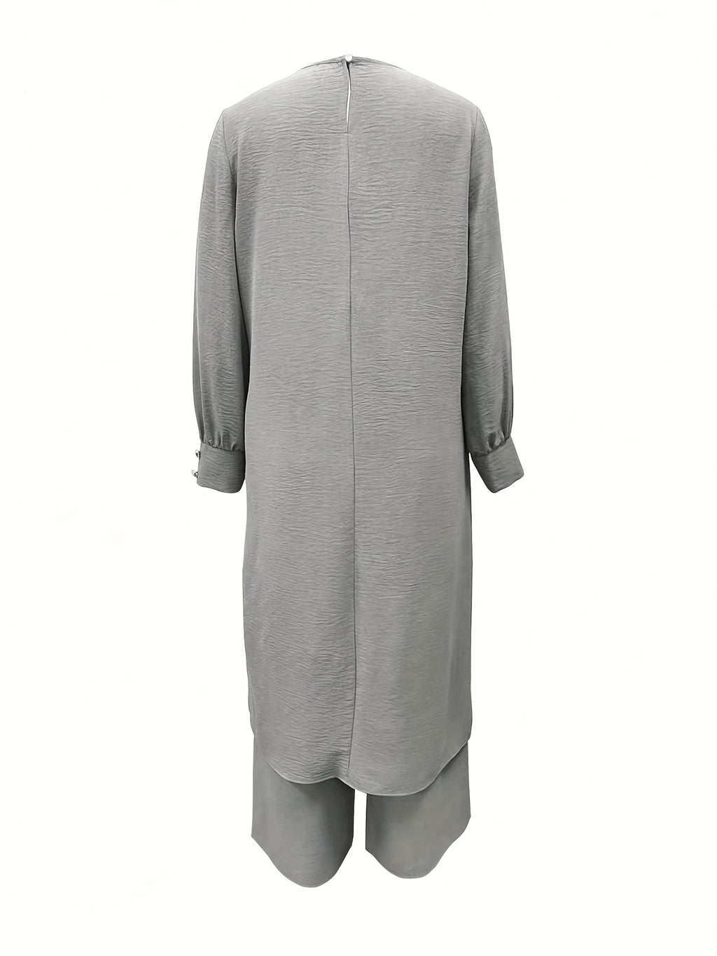 Ramadan, Women's Front-Button Long Sleeve Slit Dress & Pants Casual Arabic Style 2pcs Set, Only Clothes, Without Headscarf - Light Grey