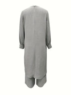 Ramadan, Women's Front-Button Long Sleeve Slit Dress & Pants Casual Arabic Style 2pcs Set, Only Clothes, Without Headscarf - Light Grey