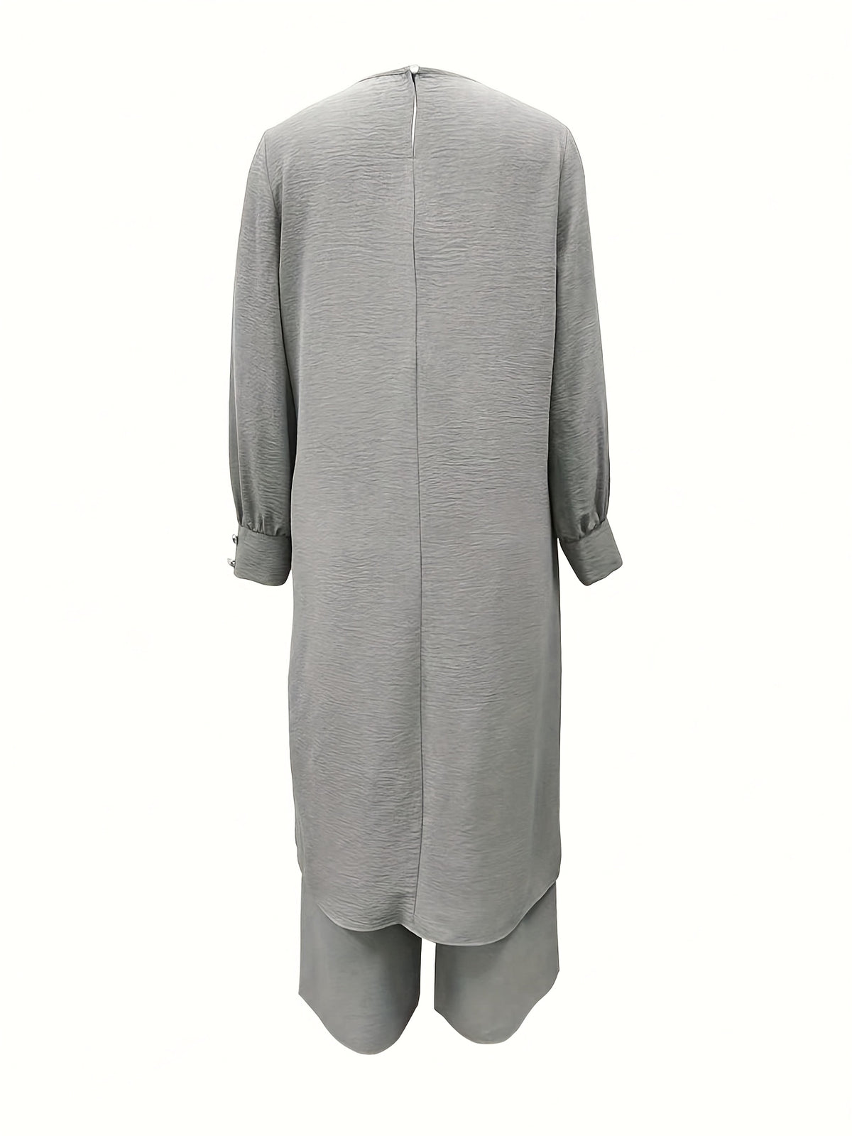 Ramadan, Women's Front-Button Long Sleeve Slit Dress & Pants Casual Arabic Style 2pcs Set, Only Clothes, Without Headscarf - Light Grey